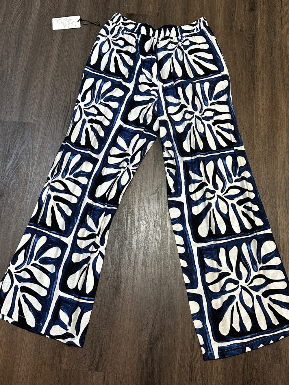 NWT Blue White Tropical Print Wide Leg Resort Pants XL Coastal Vacation - Picture 7 of 9